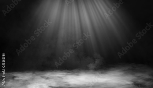 Dry ice smoke clouds fog floor texture. . Perfect spotlight mist effect on isolated black background.