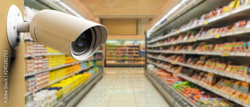 Security Camera CCTV on blur supermarket background. 3d illustration