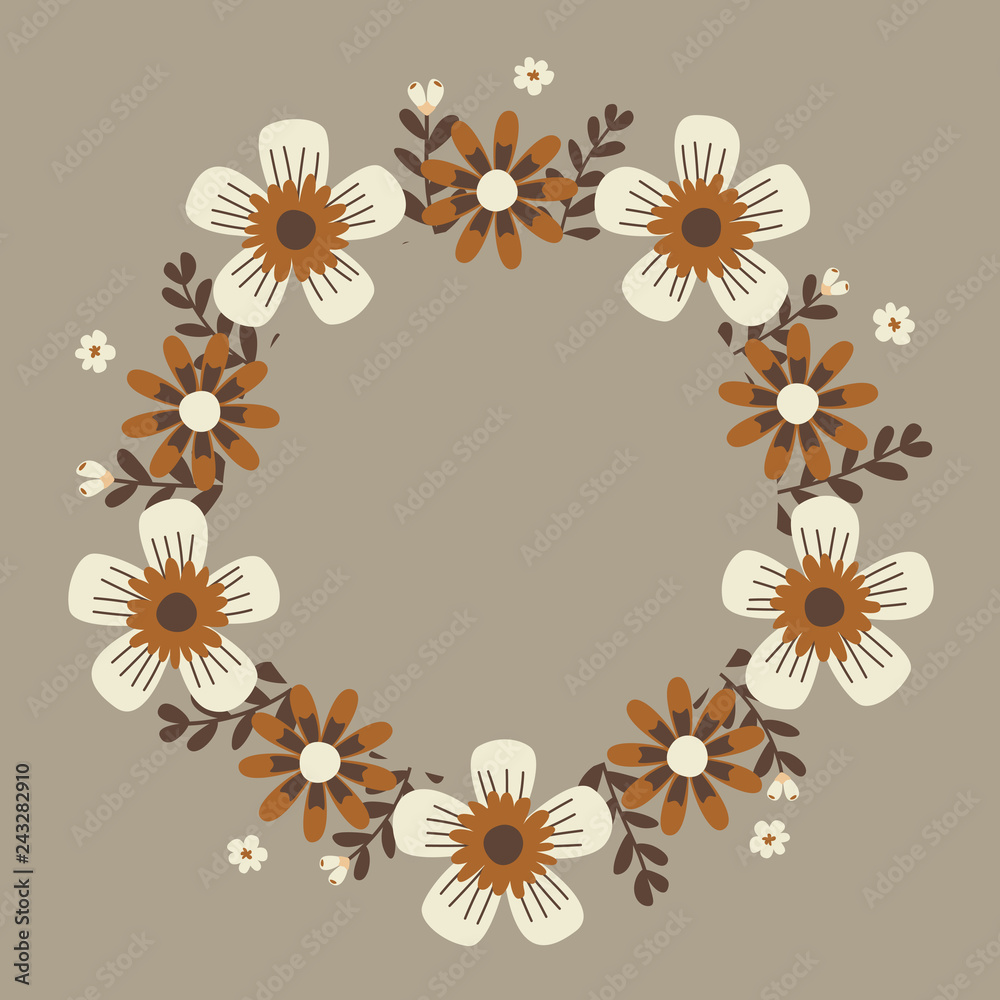 Floral greeting card and invitation template for wedding or birthday anniversary, Vector circle shape of text box label and frame, Autumn flowers wreath ivy style with branch and leaves.