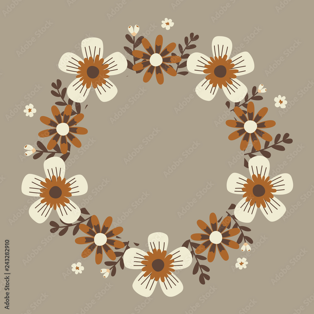 Floral greeting card and invitation template for wedding or birthday anniversary, Vector circle shape of text box label and frame, Autumn flowers wreath ivy style with branch and leaves. Floral greeting card and invitation template for wedding or birthday anniversary, Vector circle shape of text box label and frame, Autumn flowers wreath ivy style with branch and leaves.