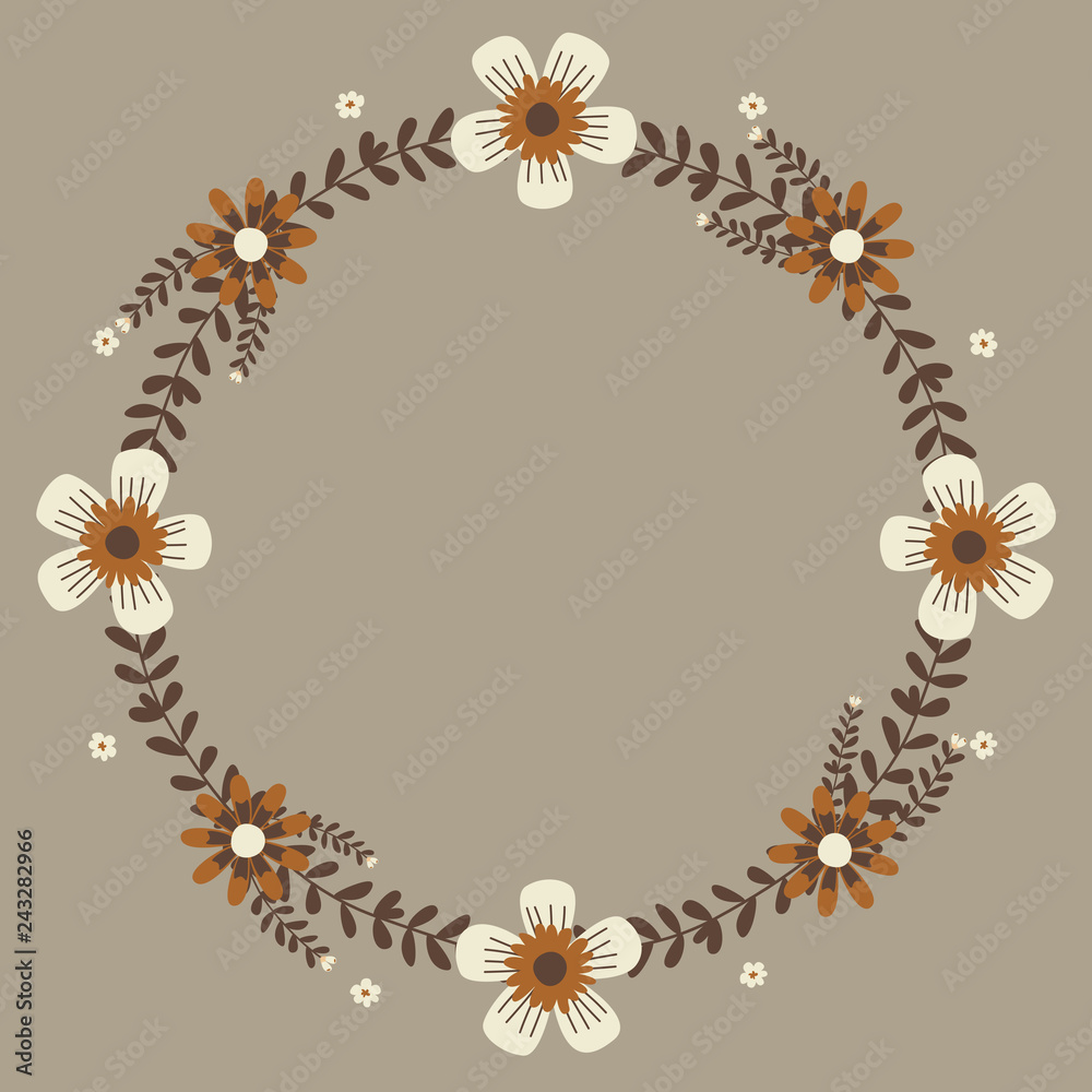 Fototapeta premium Floral greeting card and invitation template for wedding or birthday anniversary, Vector circle shape of text box label and frame, Autumn flowers wreath ivy style with branch and leaves.