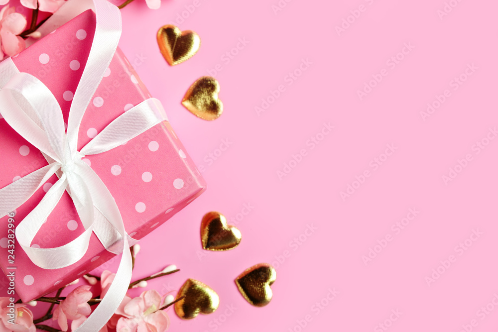 Greeting card on pink background. Selective focus. Valentines day, Womens day, Mothers day. Background with copy space. Horizontal. Greeting card on pink background. Selective focus. Valentines day, Womens day, Mothers day. Background with copy space. Horizontal.
