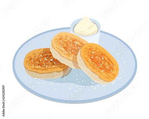 Tasty pancakes, oladyi or syrniki lying on plate with sour cream isolated on white background