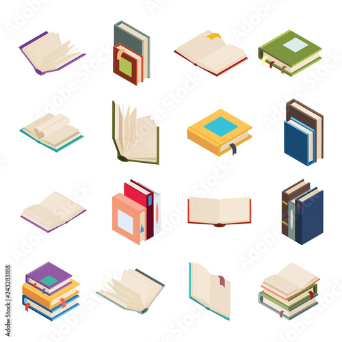 Isometric open books stack isolated education reading icons set 3d flat design vector illustration