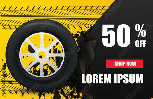 Tire car sale banner. Car wheels and tires sale poster. Vector 