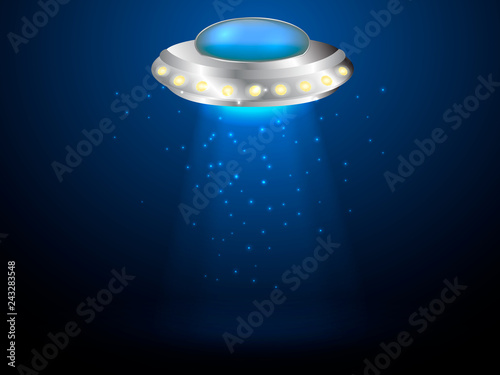 Flying saucer with ray of light. Vector illustration.