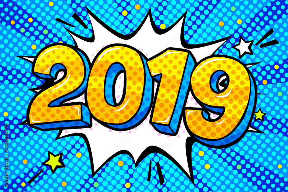 New Year greating card. Yellow numbers 2019 in word bubble.