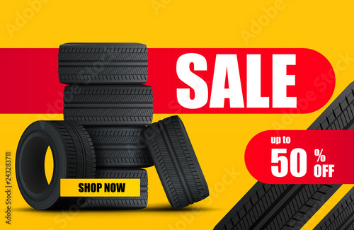 Tire car sale banner. Car wheels and tires sale poster. Vector 