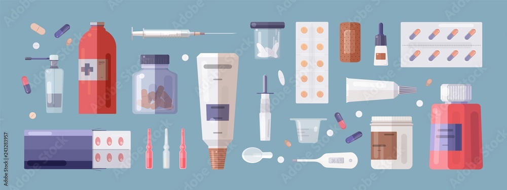 Set of medical tools and medicines isolated on white background - pills in blisters and jars, syringe, thermometer, patch, nasal spray, mixture, ointment in tube. Flat cartoon vector illustration.