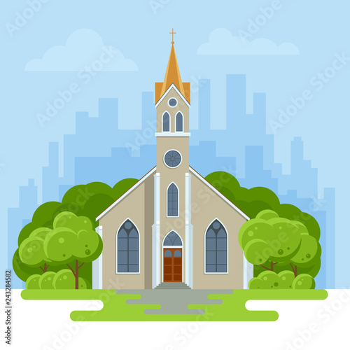 The exterior of a modern church. Small church summer landscape. Vector illustration for religion architecture design. Symbols of Catholicism, religious values