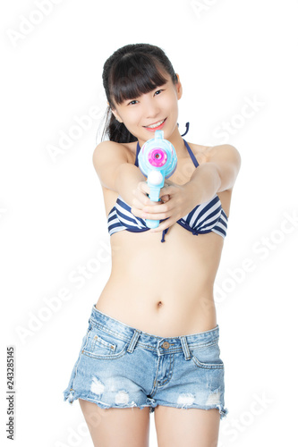Chinese woman wearing a bikini swimsuit isolated on a white background