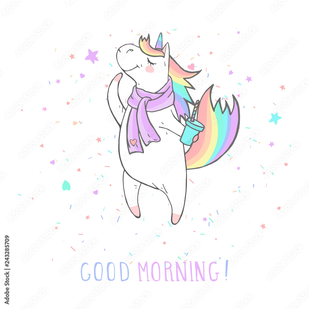 Vector illustration of hand drawn cute unicorn in scarf with coffee and text - GOOD MORNING on withe background. Vector illustration of hand drawn cute unicorn in scarf with coffee and text - GOOD MORNING on withe background.