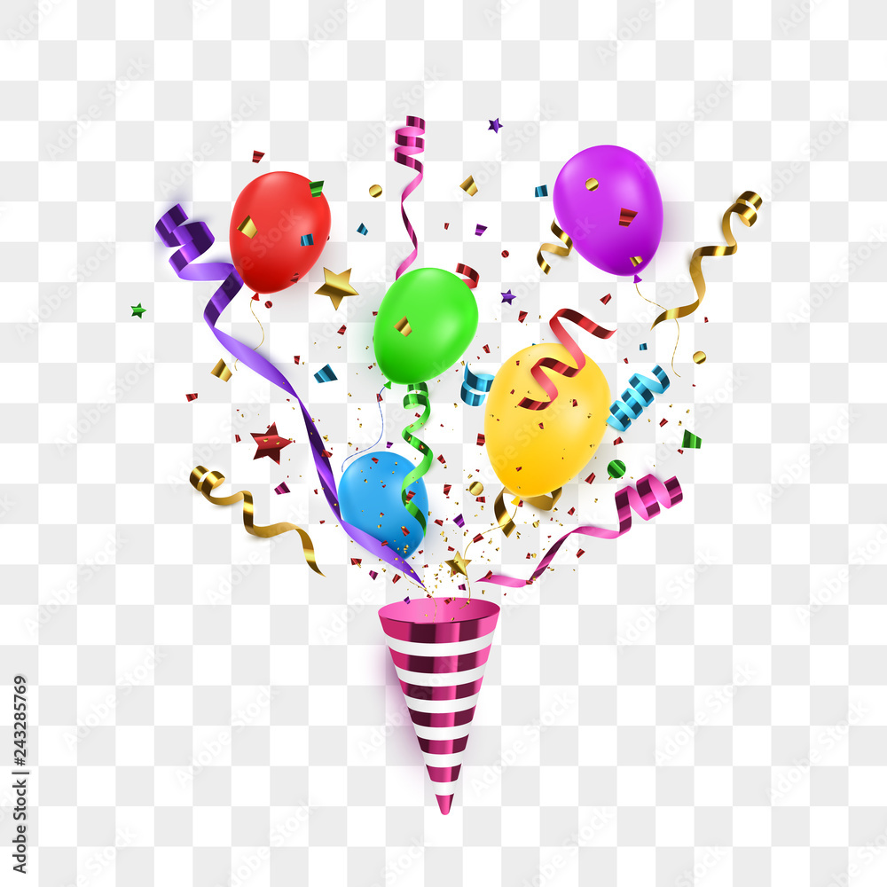 Confetti background with Party poppers and air balloons isolated. Birthday background. Vector illustration - obrazy, fototapety, plakaty 