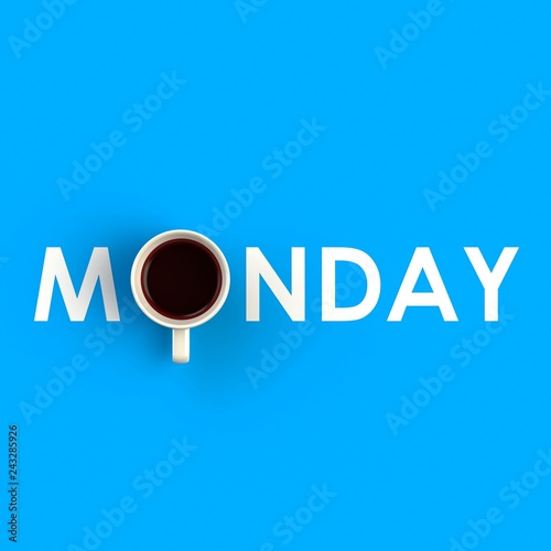 Top view of a cup of coffee in the form of monday isolated on blue background, Coffee concept illustration, 3d rendering