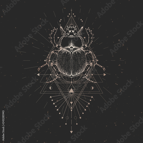 Vector illustration with hand drawn scarab and Sacred geometric symbol on black vintage background and insect. Abstract mystic sign. 