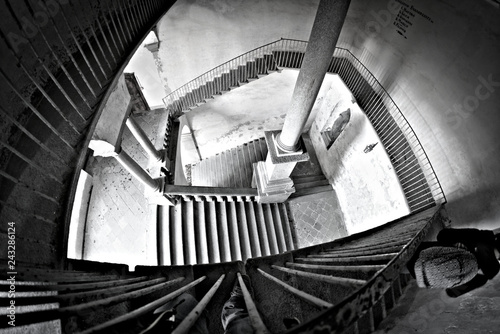 stairway in black and white stone; taken with fish eye lens in oropa (italy) in December 2018