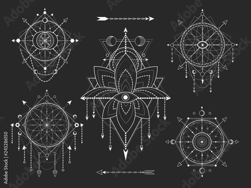 Vector kit of Sacred geometric and natural symbols on black background. Abstract mystic signs collection. White linear shapes. For you design or modern magic craft.