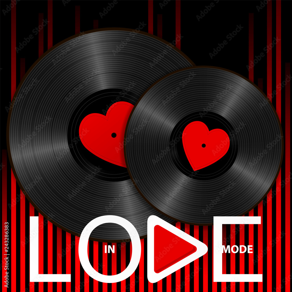 Two Realistic Black Vinyl Records with red heart labels, lettering In love mode and play button on sound wave equalizer background. Retro concept of music and romance Two Realistic Black Vinyl Records with red heart labels, lettering In love mode and play button on sound wave equalizer background. Retro concept of music and romance