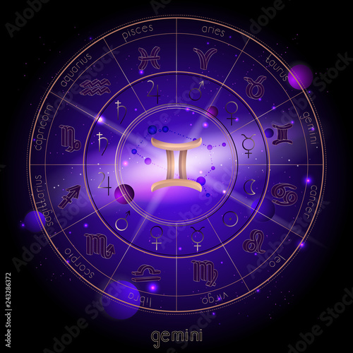 Vector illustration of sign and constellation GEMINI and Horoscope circle with astrology pictograms against the space background.