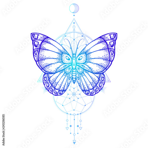 Vector illustration with hand drawn butterfly and Sacred geometric symbol on white background. Abstract mystic sign.