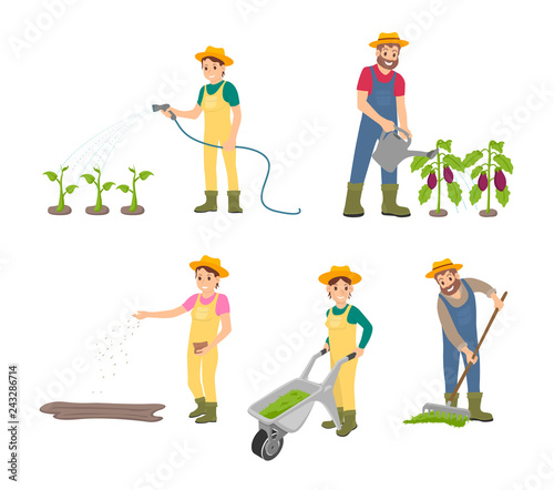 Farming Man with Can Icons Set Vector Illustration