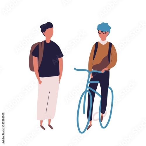 Teenage boy dressed in school uniform meeting his friend on bicycle or bike. Pair of students, pupils, classmates or schoolfellows isolated on white background. Flat cartoon vector illustration.