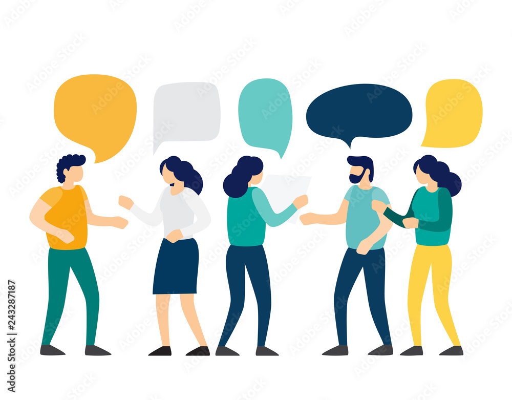 Group of people talk to each other with speech bubbles