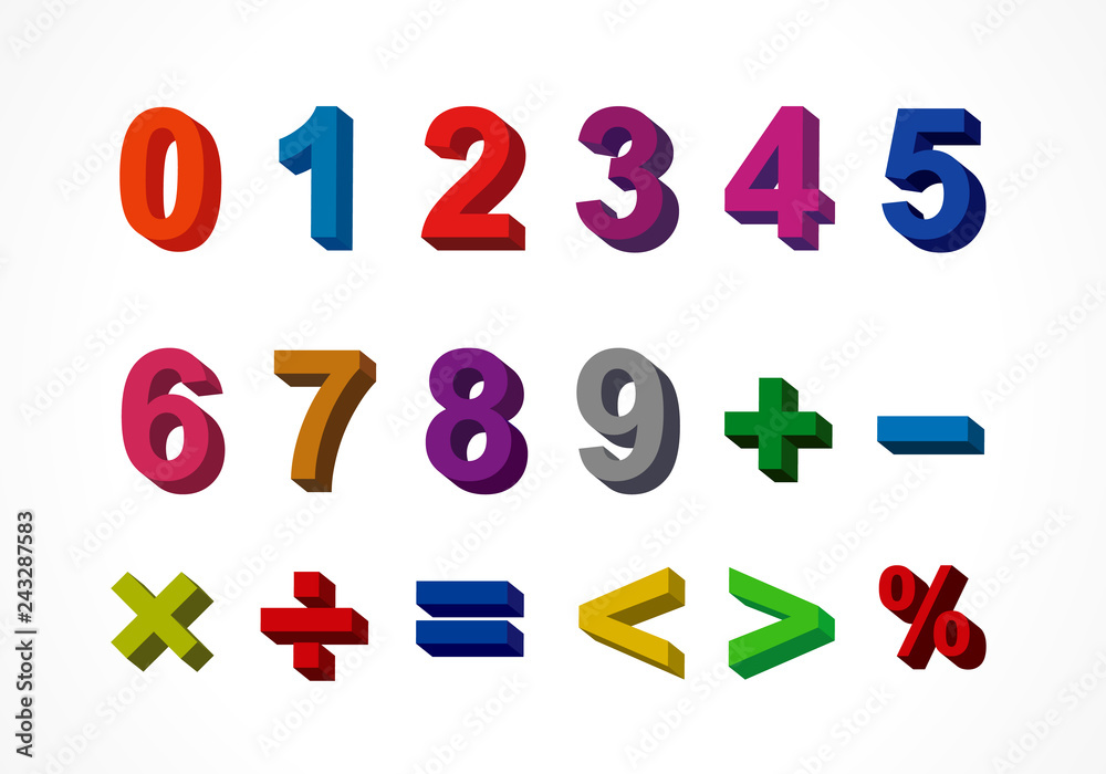 3D colorful letter 0, 1, 2, 3, 4, 5, 6, 7, 8, 9 numeral alphabet. Vector isolated colored number one to nine letters 3D colorful letter 0, 1, 2, 3, 4, 5, 6, 7, 8, 9 numeral alphabet. Vector isolated colored number one to nine letters
