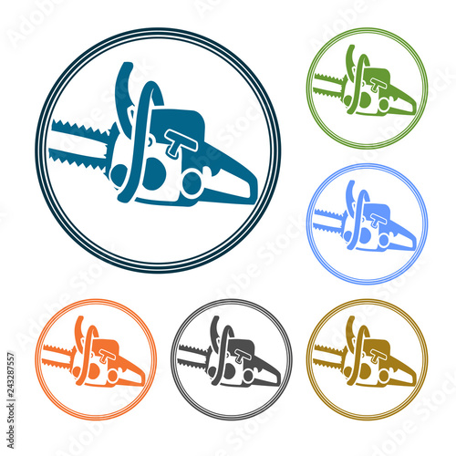 Vector simple round icon or logo for services performed by chainsaw. Detailed silhouette of the chainsaw part in a round triple frame, a design element for chainsaw works