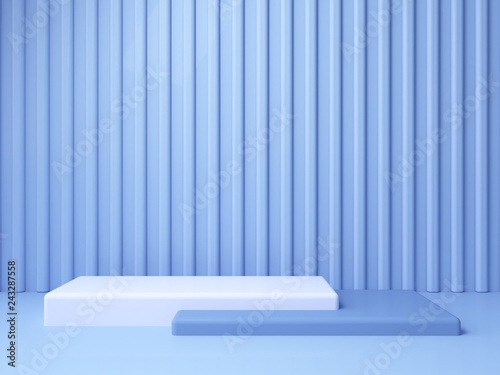 Minimal podium background. Geometric shape.  blue winter color scene. Minimal 3d rendering. Scene with geometrical forms and textured background. 3d render. 