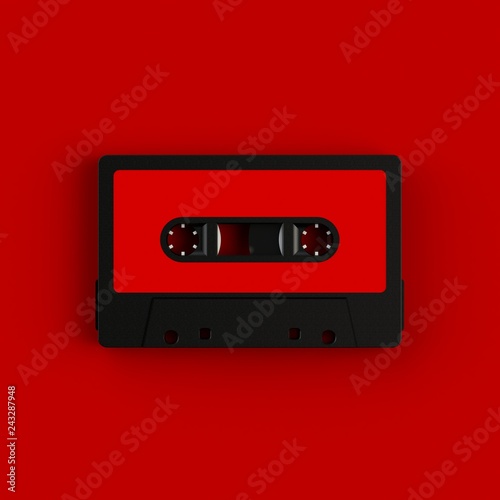 Close up of vintage audio tape cassette illustration on red background  Top view with copy space  3d rendering