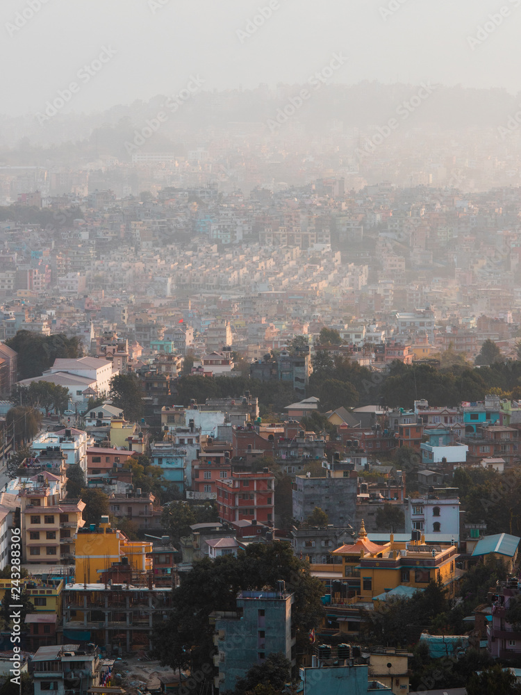 Building layers at foggy Kathmandu, Nepal.