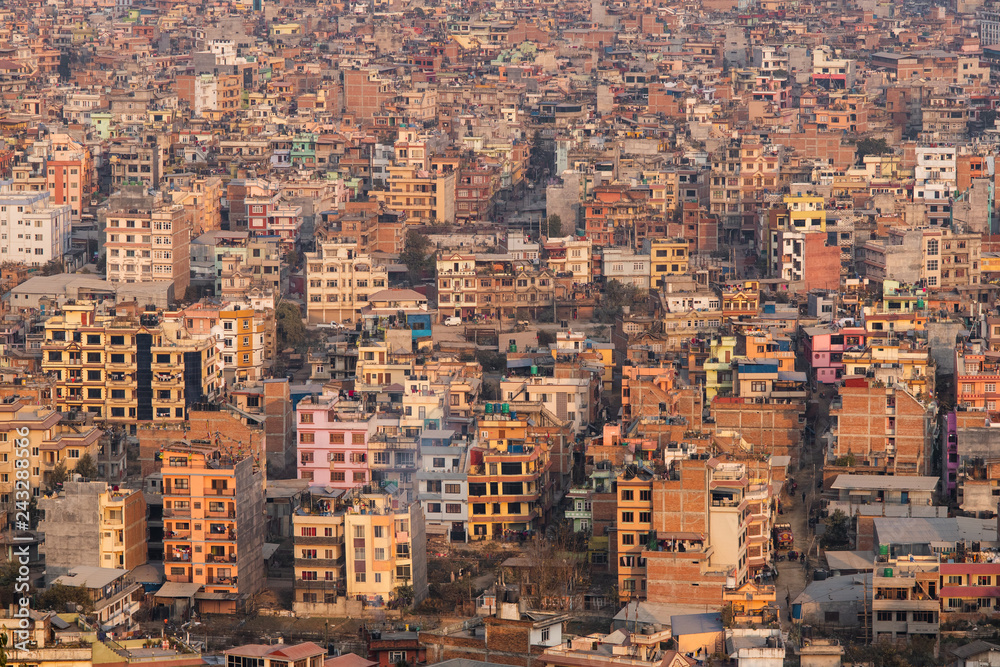 Dense Kathmandu city view under the sunset light.