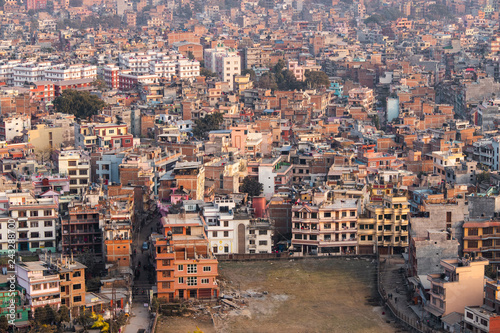 Dense Kathmandu city view under the sunset light.