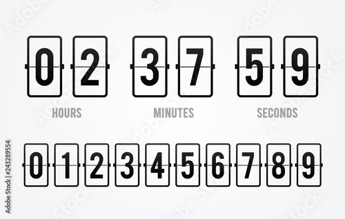 Vector flip board countdown clock counter timer. Scoreboard of hour, minutes and seconds for web page, upcoming event, under constuction page