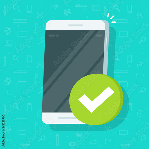 Smartphone checkmark vector icon, flat cartoon mobile phone approved tick notification, idea of successful update check mark, accepted, complete action on cellphone, yes or positive vote