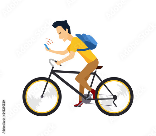 Fototapeta Naklejka Na Ścianę i Meble -  Biker with smartphone and backpack. People in bicycle drive safely campaign.
