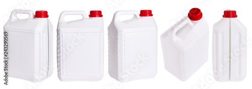 Set of white plastic canisters isolated in different positions
