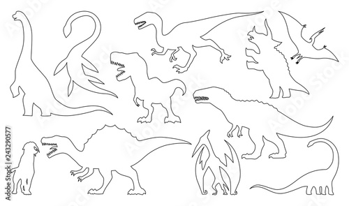 Dinosaur silhouettes coloring set. Vector illustration isolated on white