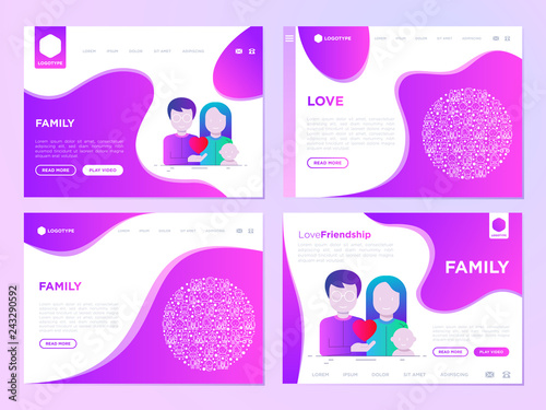 Happy young family concept: father, mother and baby. Web page templates with gradient flat icons. Modern vector illustration for medical insurance or social issues.