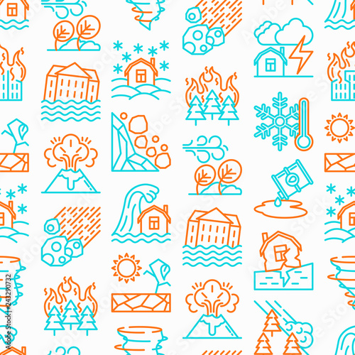 Disasters seamless pattern with thin line icons: earthquake, tsunami, tornado, hurricane, flood, landslide, drought, snowfall, eruption, thunderstorm, avalanche, meteorite. Vector illustration.