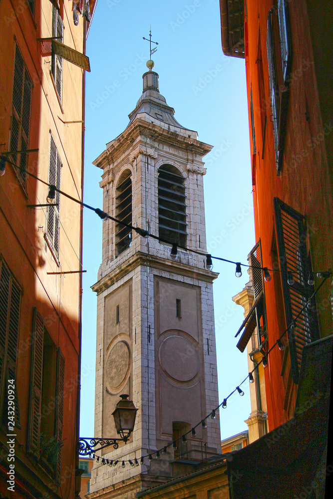 Church steeple in the back streets of Nice, Provence-Alpes-Côte d'Azur, France.