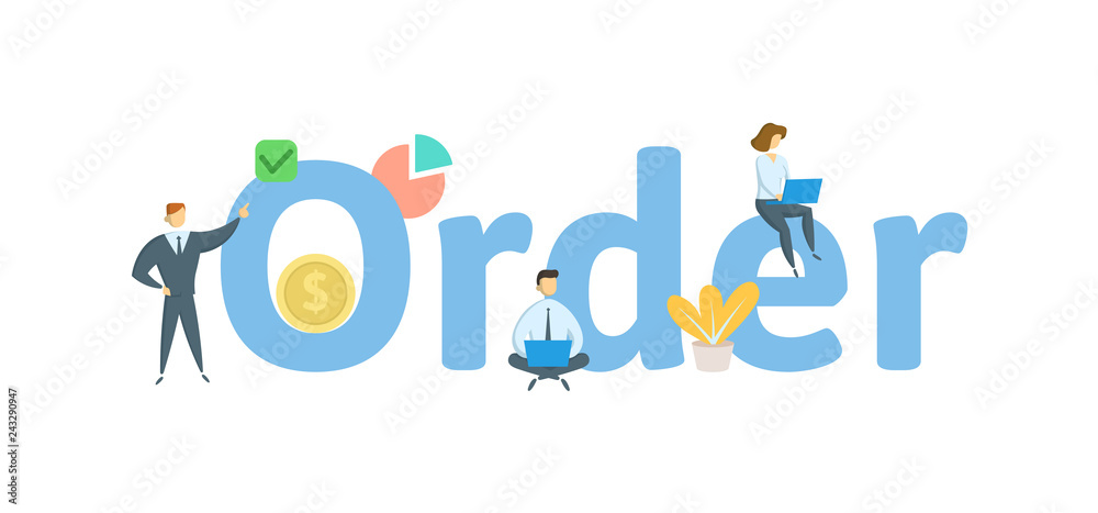 ORDER word concept banner. Concept with people, letters and, icons. Colored flat vector illustration. Isolated on white background. ORDER word concept banner. Concept with people, letters and, icons. Colored flat vector illustration. Isolated on white background.