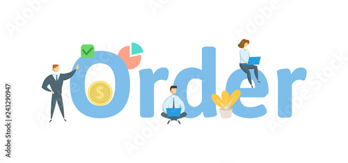 ORDER word concept banner. Concept with people, letters and, icons. Colored flat vector illustration. Isolated on white background.