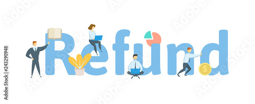 REFUND word concept banner. Concept with people, letters and, icons. Colored flat vector illustration. Isolated on white background.