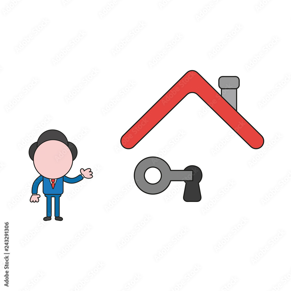 Vector illustration of businessman character lock or unlock keyhole with key under house roof. Color and black outlines. Vector illustration of businessman character lock or unlock keyhole with key under house roof. Color and black outlines.