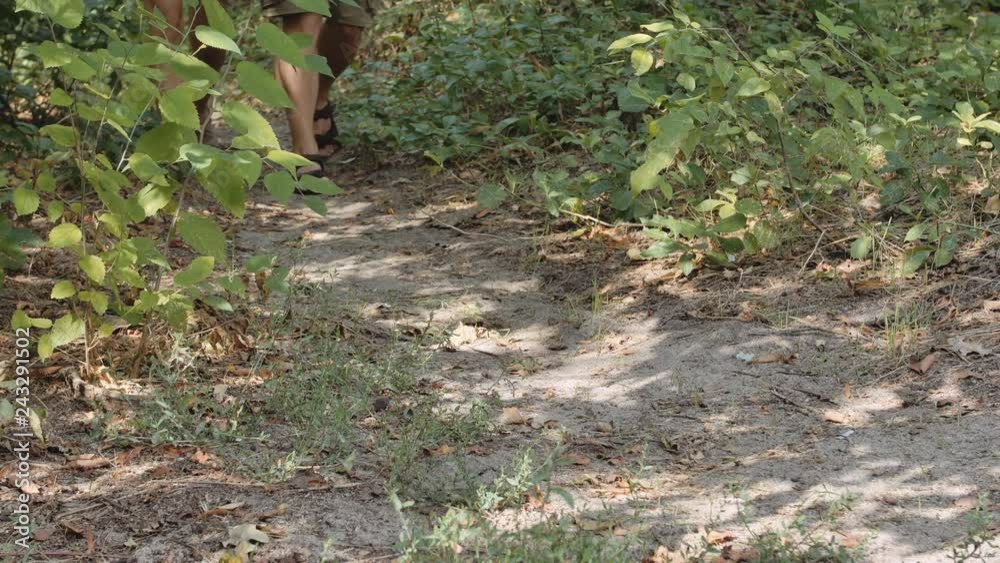 Traveler woman and man hiking on the forest road. Trekking, travel, tourism outdoor concept. Family leisure, couple healthy lifestyle. Person shoes and legs walking together outside on nature. Traveler woman and man hiking on the forest road. Trekking, travel, tourism outdoor concept. Family leisure, couple healthy lifestyle. Person shoes and legs walking together outside on nature.