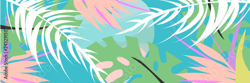 Tropical collage pattern banner in hawaiian style with abstract exotic floral decoration elements. Colorful summer background made in vector