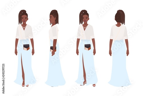 Smiling African American girl dressed in stylish casual clothes. Pretty young woman wearing maxi skirt. Trendy outfit. Female cartoon character isolated on white background. Flat vector illustration.