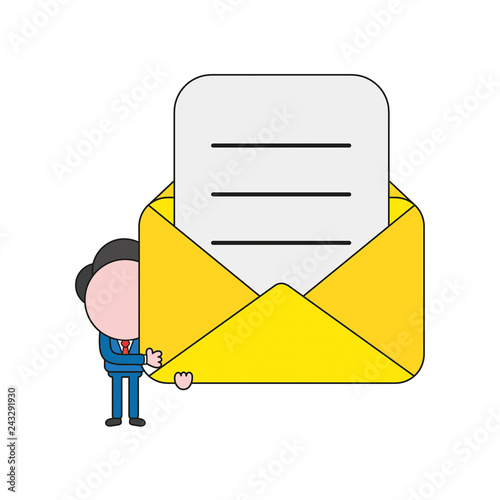 Vector illustration of businessman character holding up mail envelope with written paper. Color and black outlines.